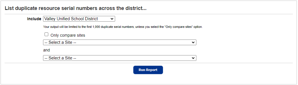 Duplicate Serial Numbers district report input page.